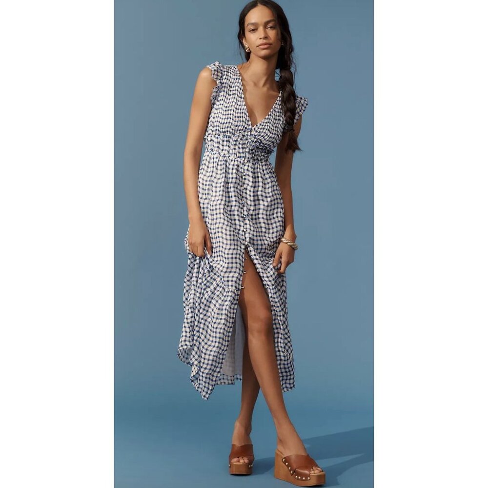 Anthropologie Peregrine Midi Dress Indigo Gingham Size Medium Petite Cottagecore